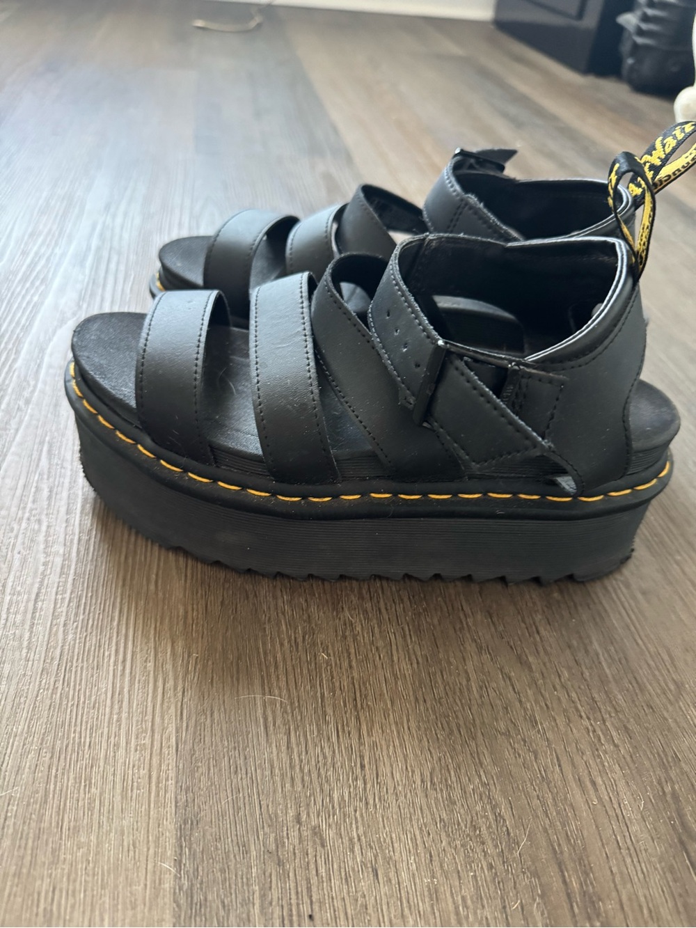 Black Platform Strappy Sandal with Yellow Stitching